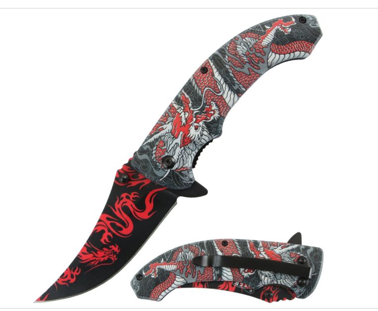Knife: Red PRNT Dragon On HNDL&amp;BLD 8"