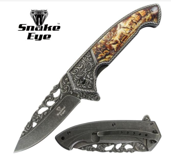 SE KNIFE:  STNWASH BLD/HNDL Animal Scenes