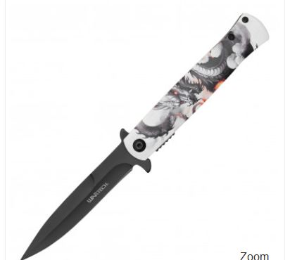 Stiletto: PRNT Sky Dragon WHT HNDl 8" BLK BLD