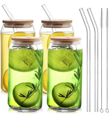 16oz Beer Can Glass with Bamboo lid and Straw