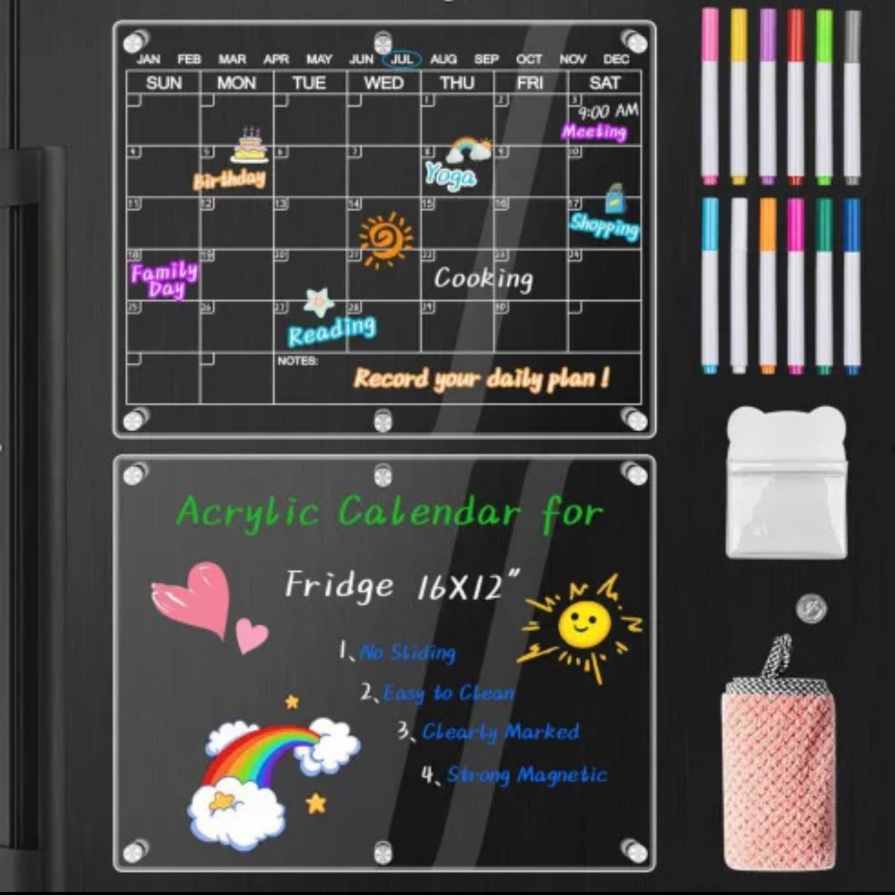 2 Pack Acrylic Magnetic Fridge Calendar and Note Board