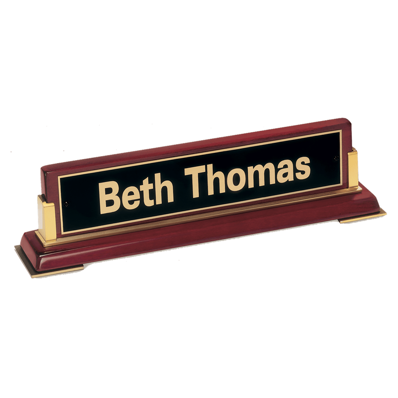 10 5/8"x 2 3/4 x 2 1/2 Rosewood Piano Finish Nameplate and Gold Metal Accents with Black Plate