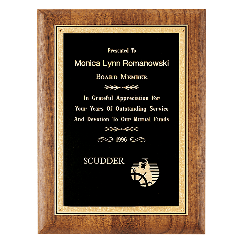 Coventry Series American Walnut Plaque with Gold Florentine Border Textured Black LaserFX Plate - Multiple Sizes Available