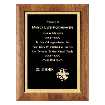 Coventry Series American Walnut Plaque with Gold Florentine Border Textured Black LaserFX Plate - Multiple Sizes Available