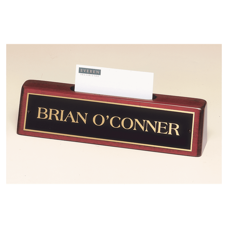 8 1/4" x 2" x 1 1/4" Rosewood Piano Finish Nameplate with Business Card Holder with Black Plate
