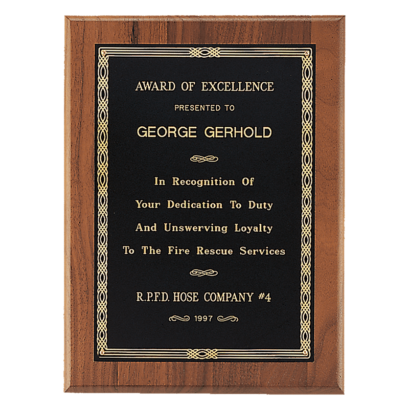 9" x 12" Jewelers Black Laserable Gold Border Plate on an American Walnut Plaque