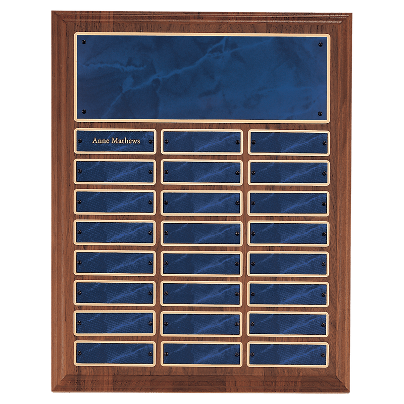 12" x 15"/Plates 1" x 3 1/4" American Walnut 24 Plate Perpetual Plaque with Sapphire Marble Brass Plates