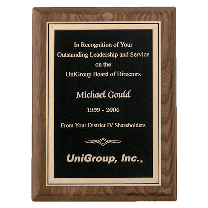 Walnut Piano Finish Plaque with Textured Black/Gold Florentine Border LaserFX Plate - Multiple Sizes Available