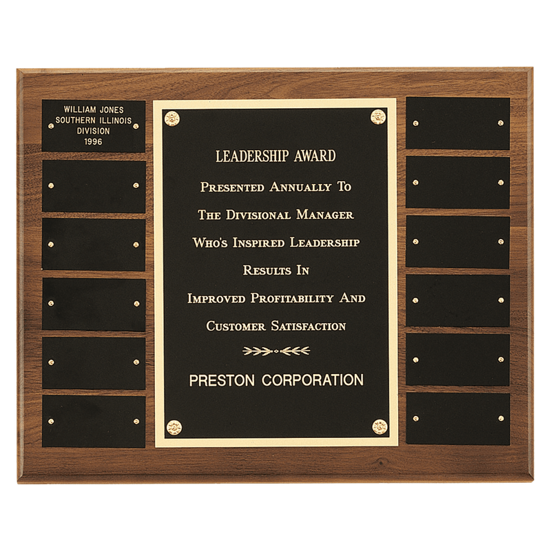 12" x 15"/Plates 1 1/2" x 3" American Walnut 12 Plate Perpetual Plaque with Black Brass Plates
