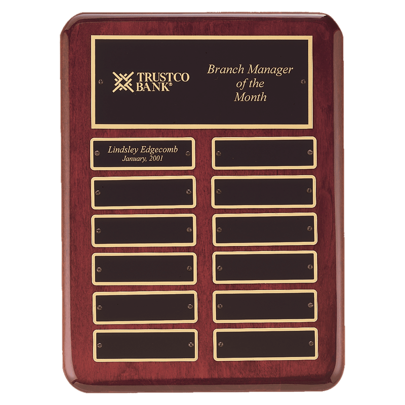 9" x 12" Rosewood Piano Finish 12 Perpetual Plates Plaque with Laserable Black Brass Plates