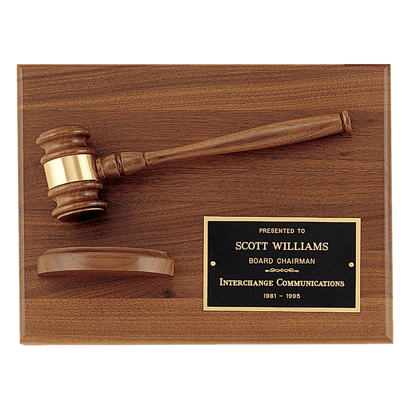 9" x 12" Solid Walnut Plaque with a Walnut Gavel, Gold Gavel Band, Black Laserable Brass Plate and a Walnut Half Sounding Block