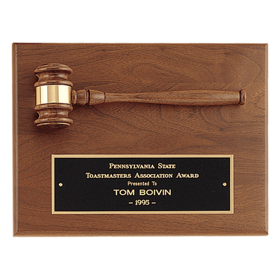 9" x 12" Solid Walnut Plaque with a Walnut Gavel, Gold Gavel Band and Black Laserable Brass Plate
