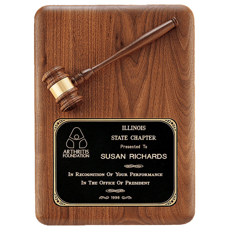 11" x 15" Walnut Plaque with Walnut Gavel, Gavel Band and Laserable Black Brass Plate
