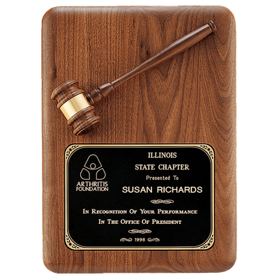 11" x 15" Walnut Plaque with Walnut Gavel, Gavel Band and Laserable Black Brass Plate