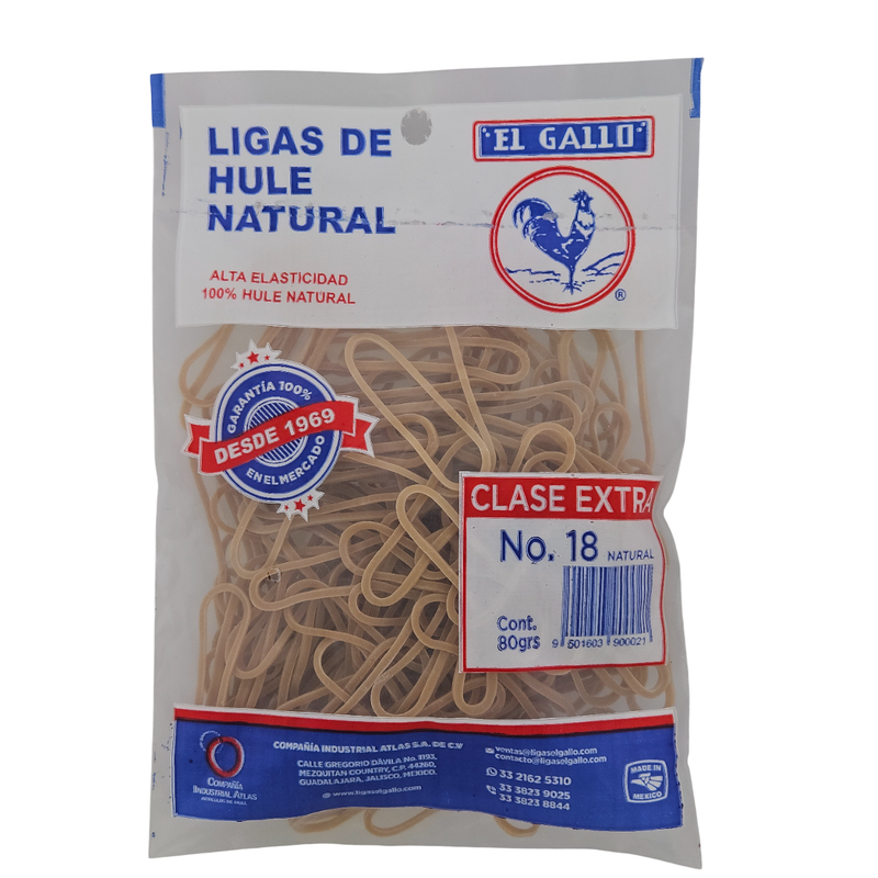 LIGAS DE HULE NATURAL NO.18 EL GALLO 80GRS