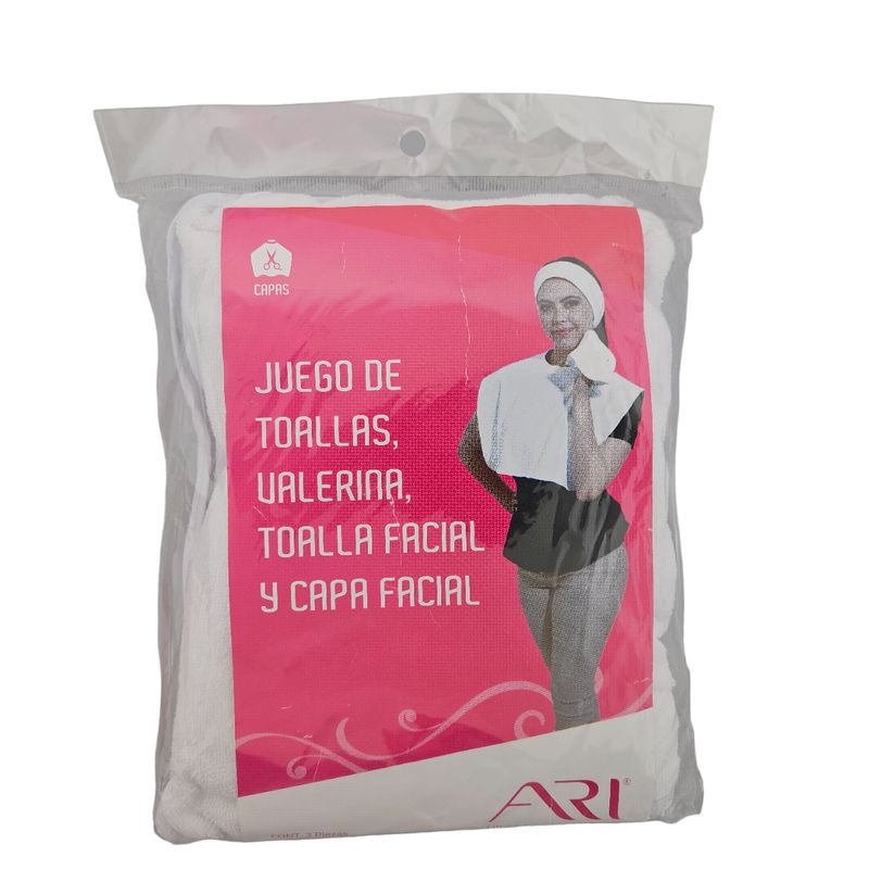 JUEGO DE TOALLAS, VALERINA, TOALLA FACIAL Y CAPA FACIAL ARI