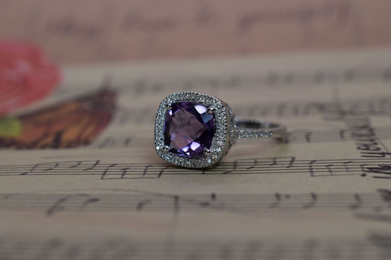 9ct White Gold Amethyst & Diamond Cluster Ring