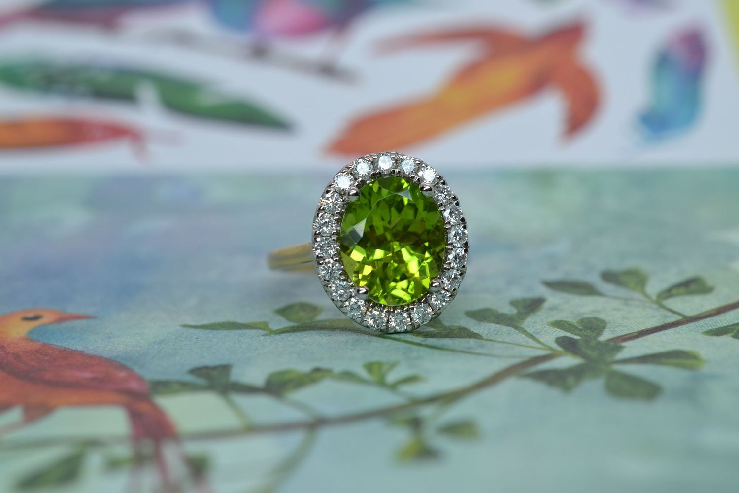 18ct Gold Oval Cut Peridot & Diamond Halo Cluster Ring