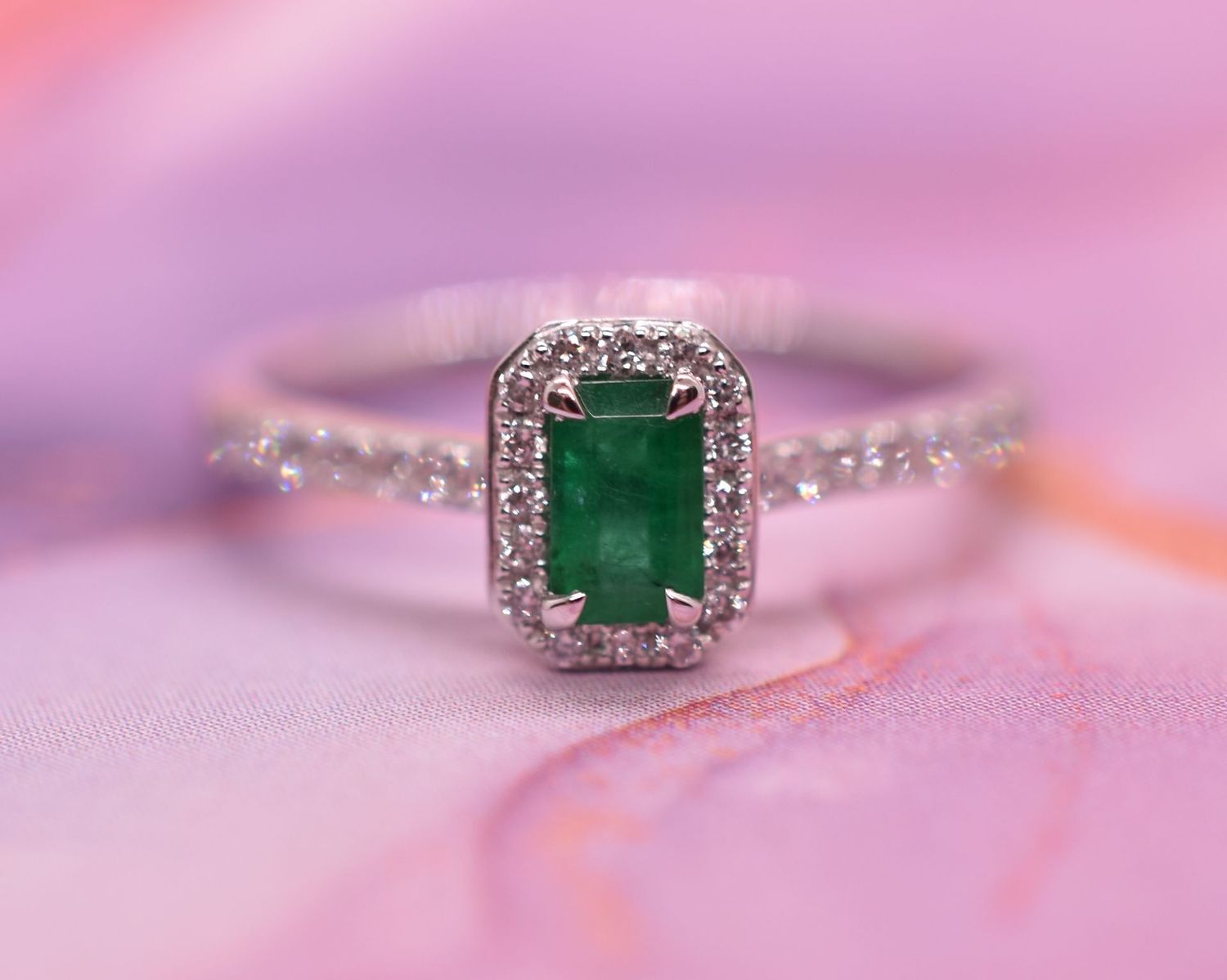 Platinum Emerald & Diamond Halo Cluster Ring