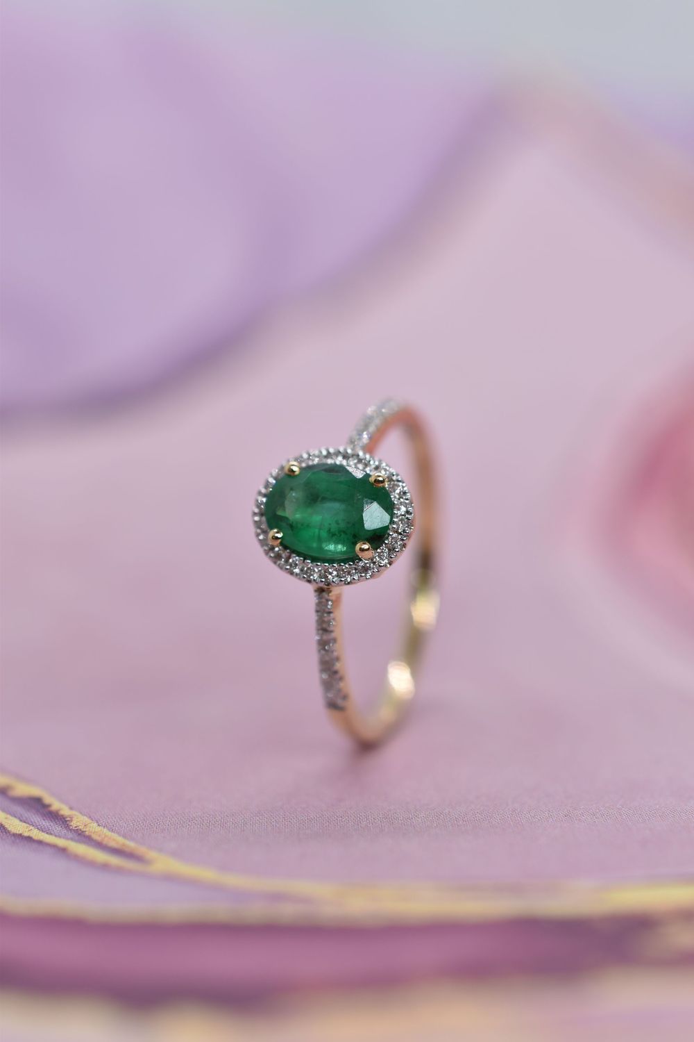 18ct Gold Oval Cut Emerald & Diamond Halo Cluster Ring