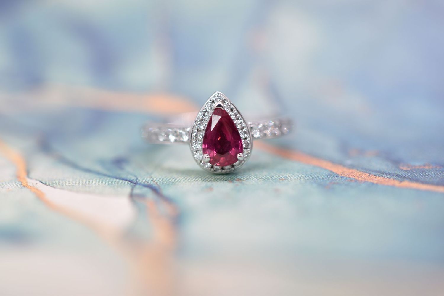 18ct White Gold Pear Cut Ruby & Diamond Halo Cluster Ring