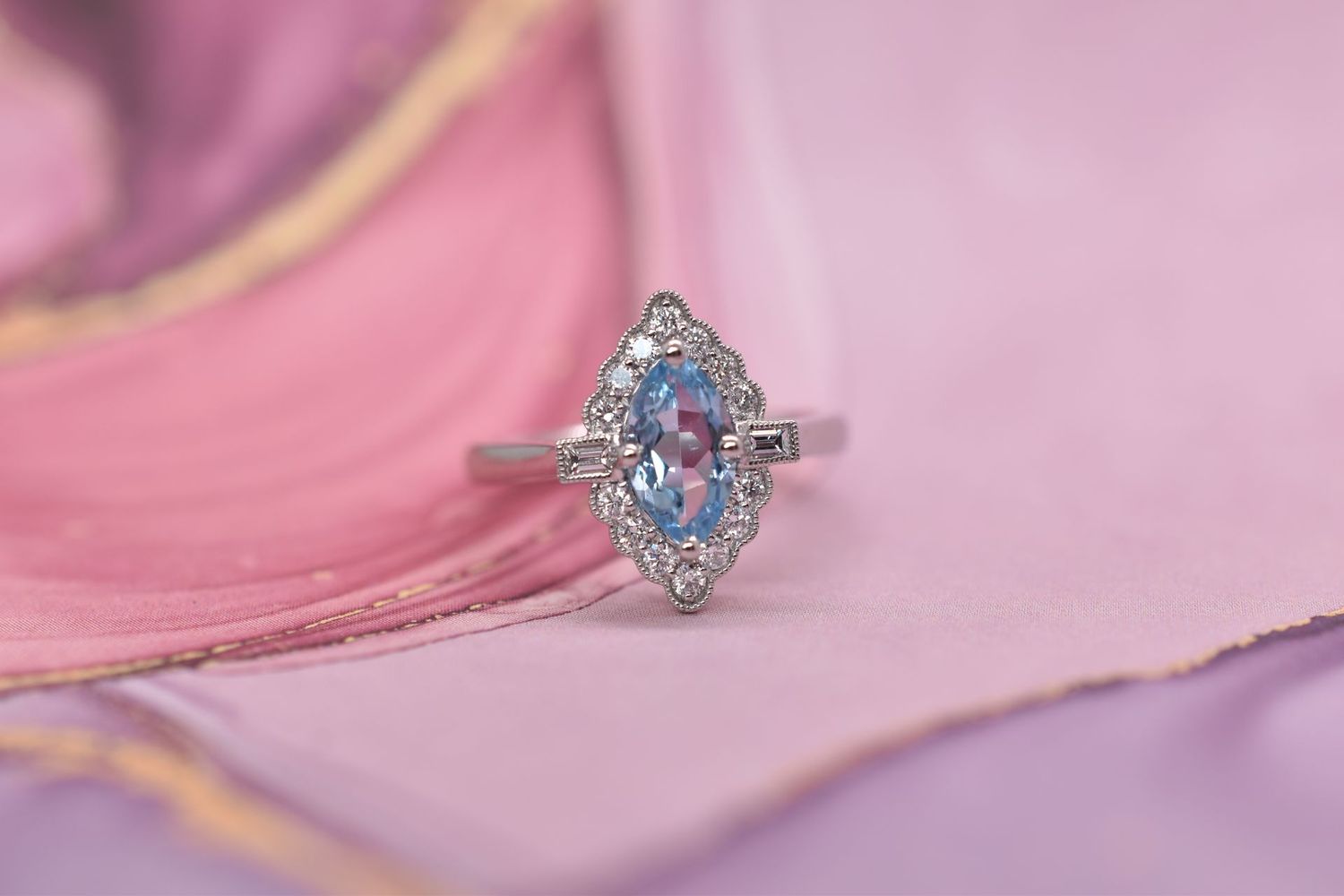 Platinum Marquise Cut Aquamarine & Diamond Cluster Ring