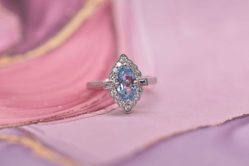 Platinum Marquise Cut Aquamarine & Diamond Cluster Ring
