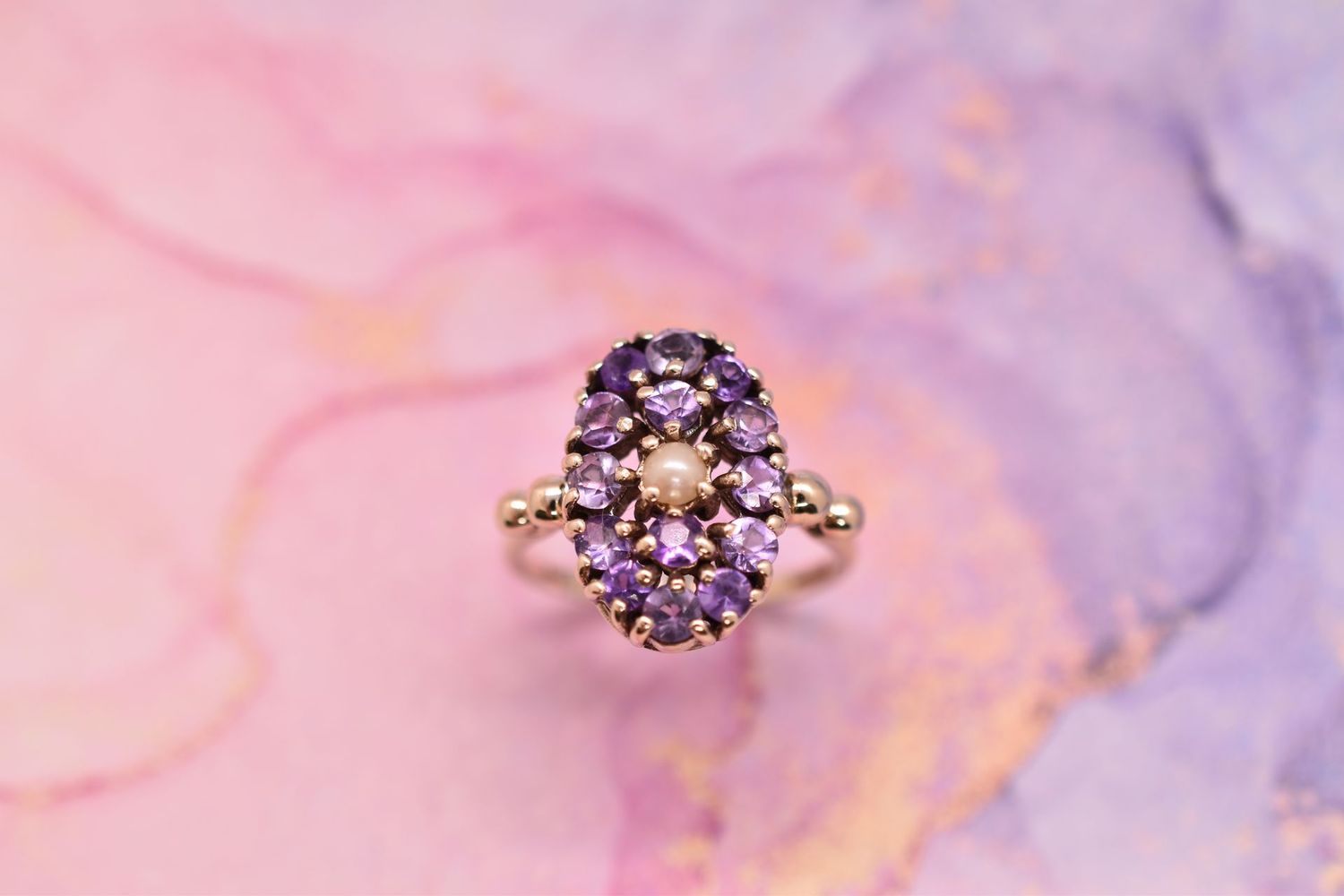 9ct Yellow Gold Pearl & Amethyst Cluster Ring