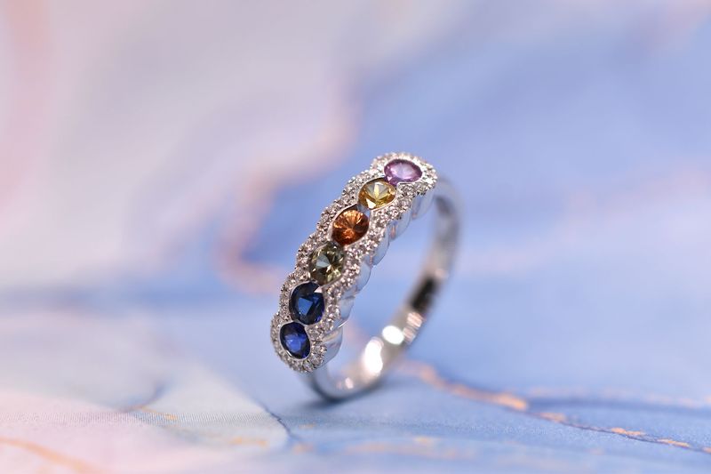 18ct White Gold Multi-Coloured Sapphire & Diamond Ring