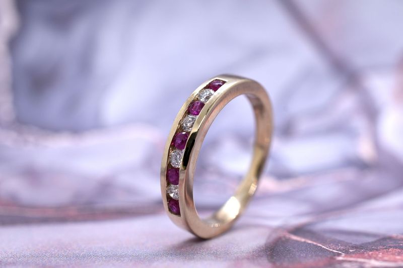 9ct Yellow Gold Channel Set Ruby & Diamond Eternity Ring