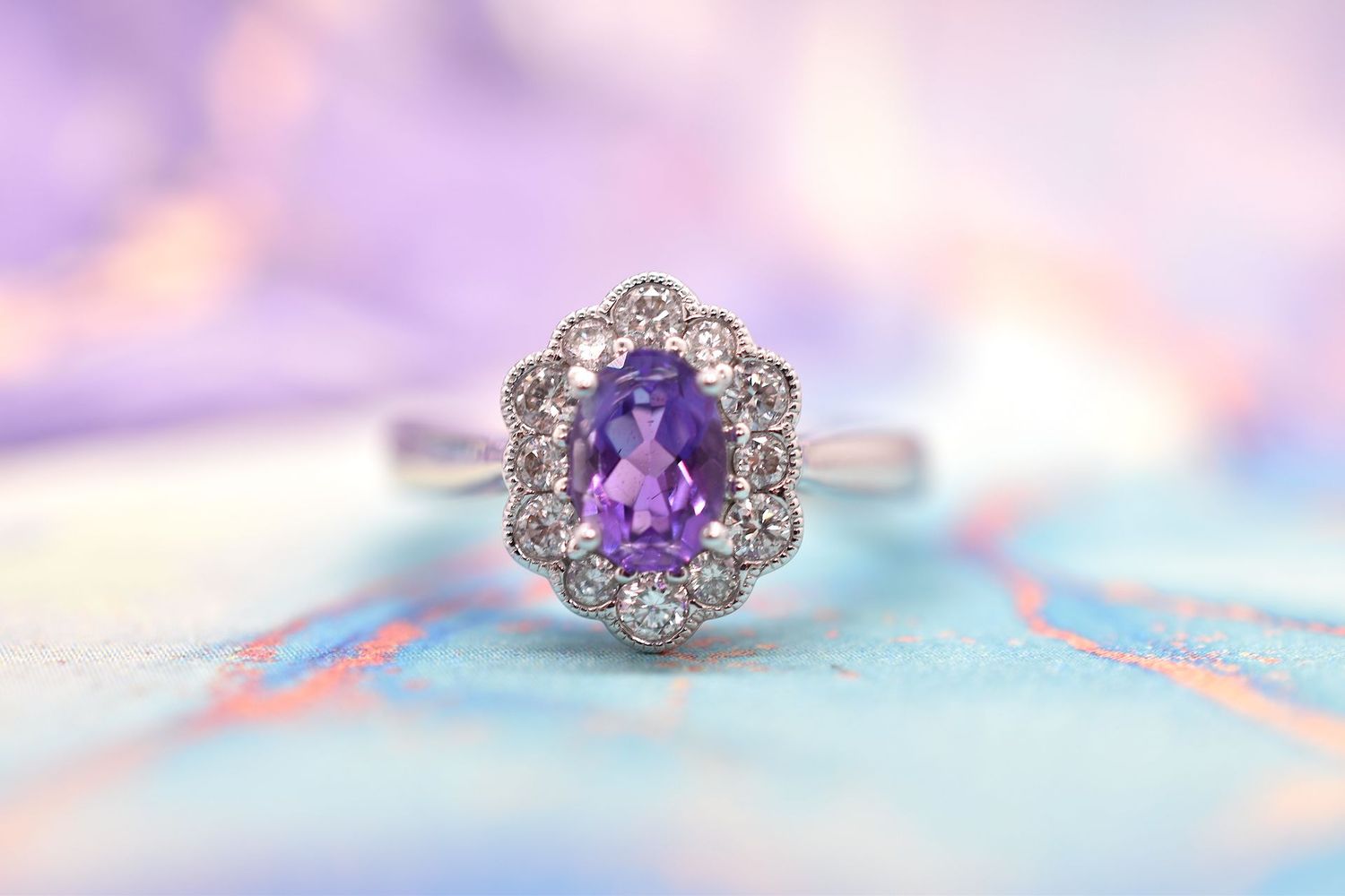 18ct White Gold Amethyst & Diamond Cluster Ring