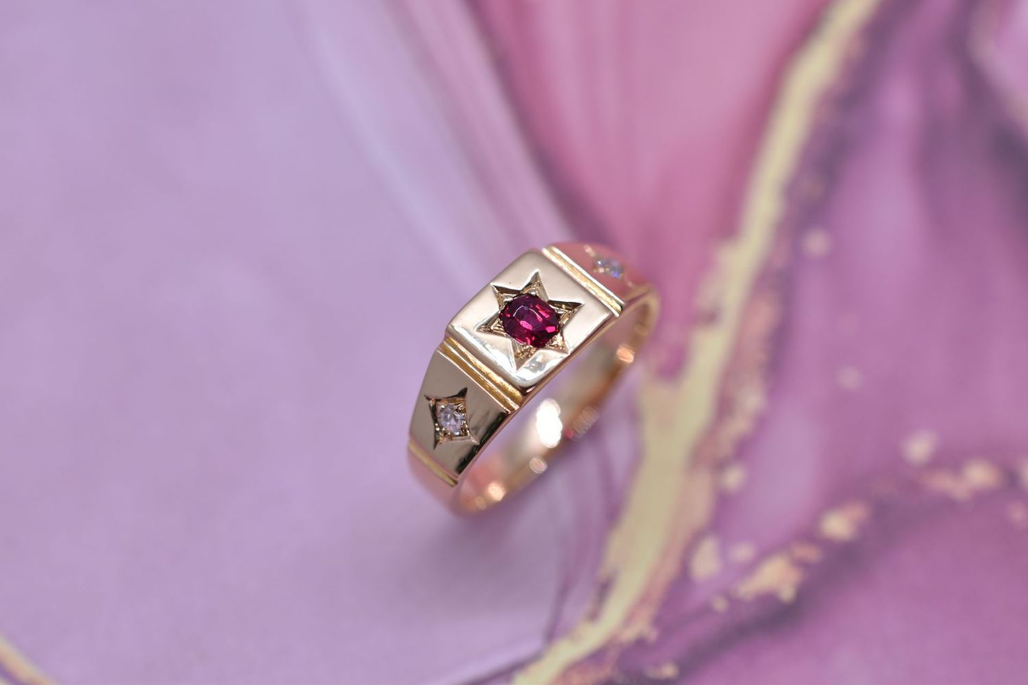 18ct Yellow Gold Ruby & Diamond Gypsy Set Trilogy Ring