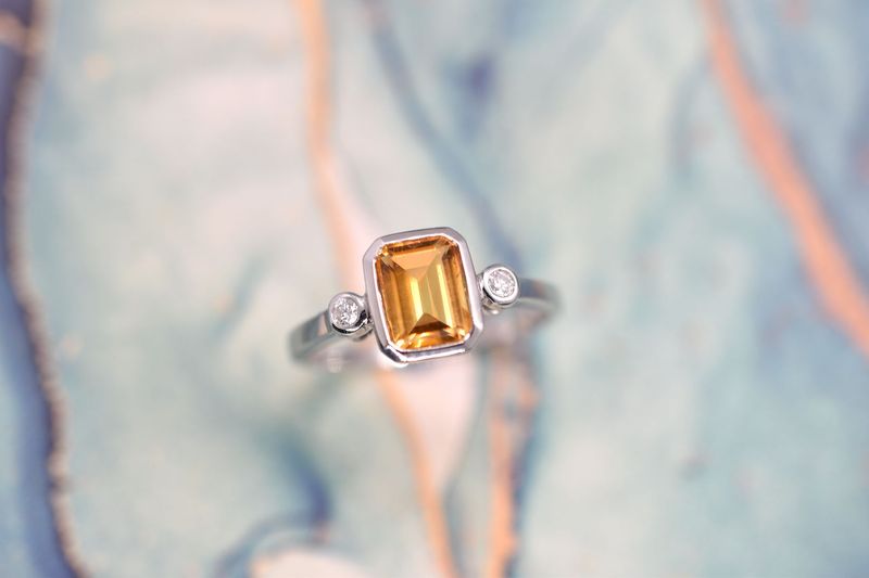 9ct White Gold Citrine & Diamond Trilogy Ring