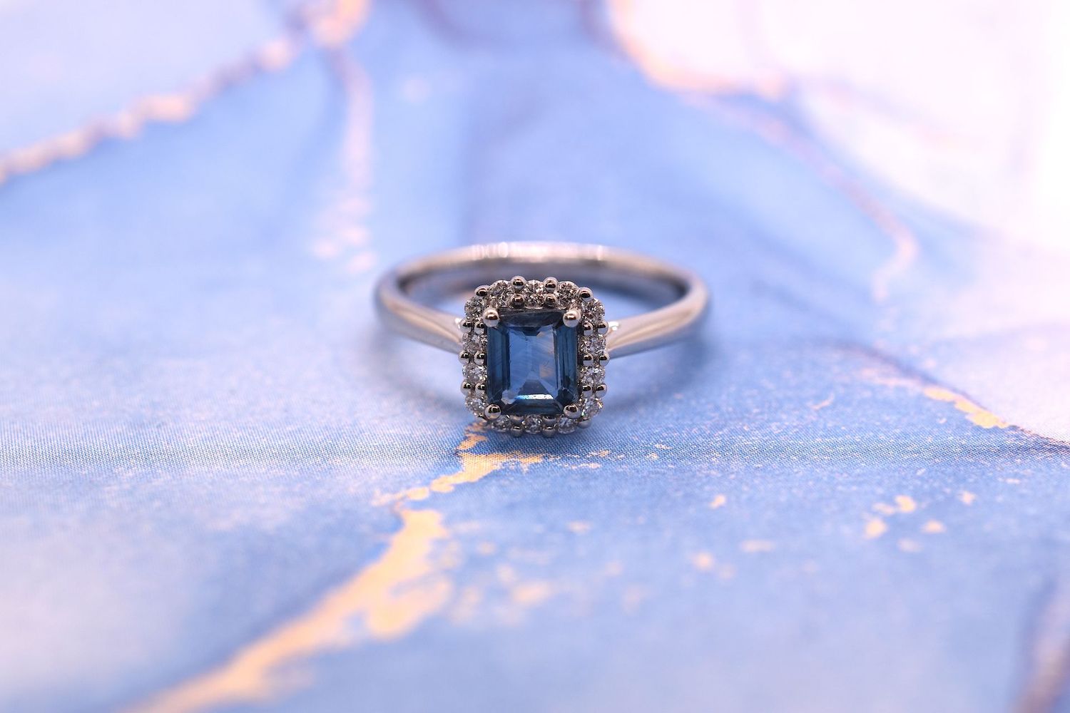 Platinum Rectangular Sapphire & Diamond Halo Cluster Ring