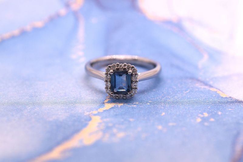 Platinum Rectangular Sapphire & Diamond Halo Cluster Ring