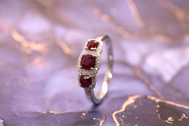 Platinum Ruby & Diamond Triple Cluster Ring