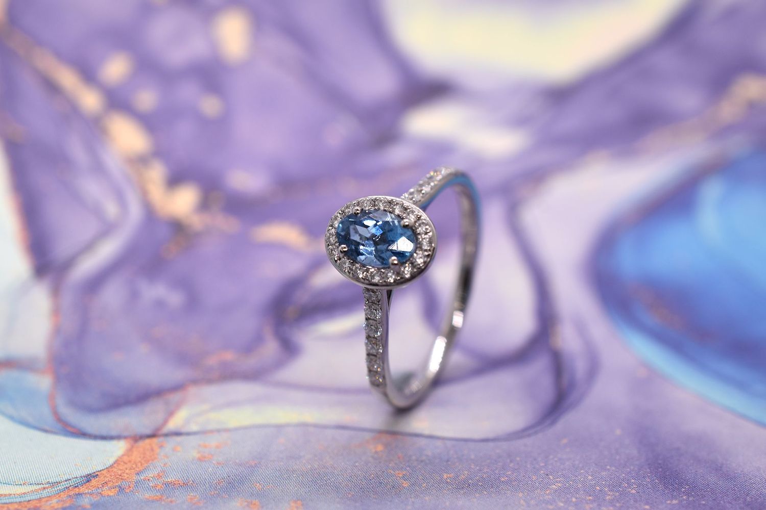18ct White Gold Aquamarine & Diamond Halo Cluster Ring