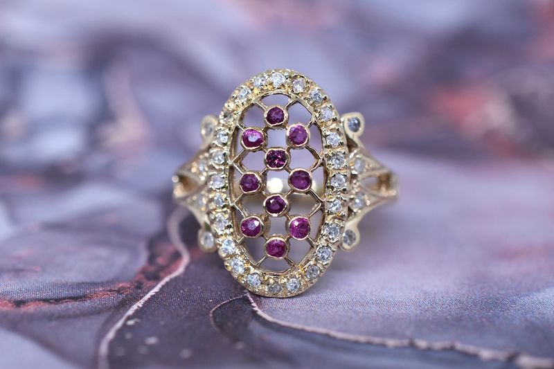 14ct Yellow Gold Ruby & Diamond Cluster Ring