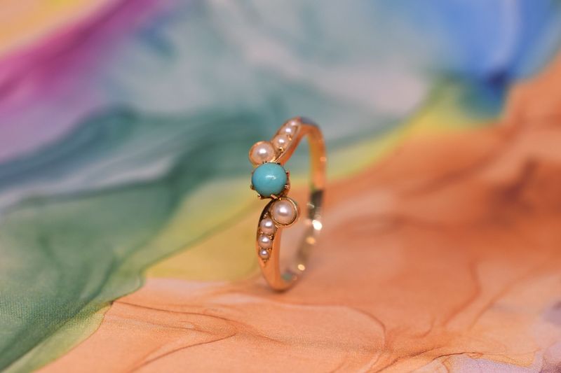 9ct Yellow Gold Turquise & Pearl Set Ring