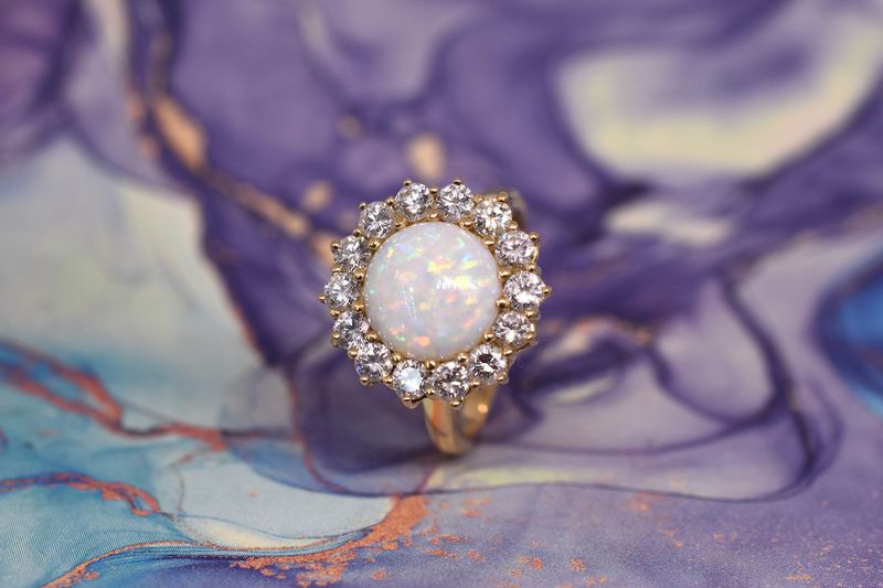 18ct Yellow Gold Opal & Diamond Cluster Ring