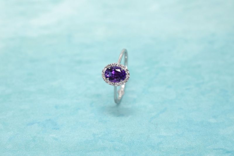 9ct White Gold Oval Cut Amethyst & Diamond Halo Cluster Ring