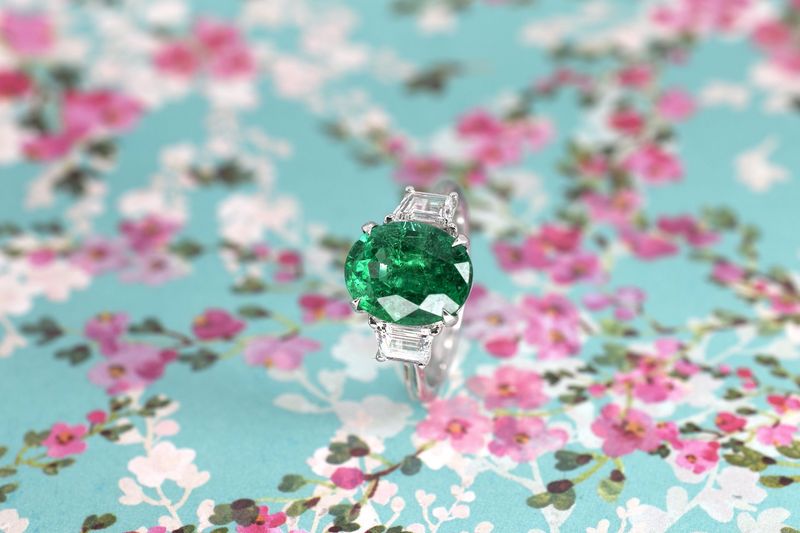 Platinum Oval Cut Emerald & Diamond Trilogy Ring