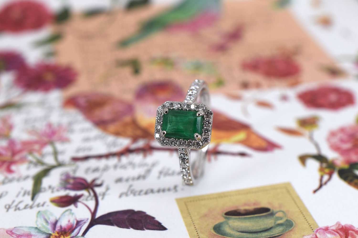 Platinum Rectangular Cut Emerald & Diamond Cluster Ring