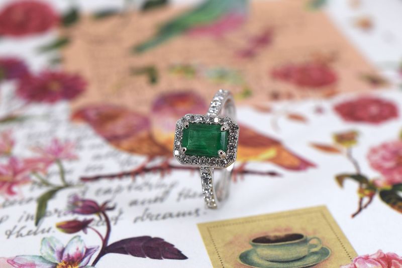 Platinum Rectangular Cut Emerald & Diamond Cluster Ring