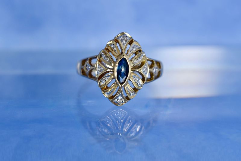 18ct Yellow Gold Marquise Sapphire and Diamond Dress Ring