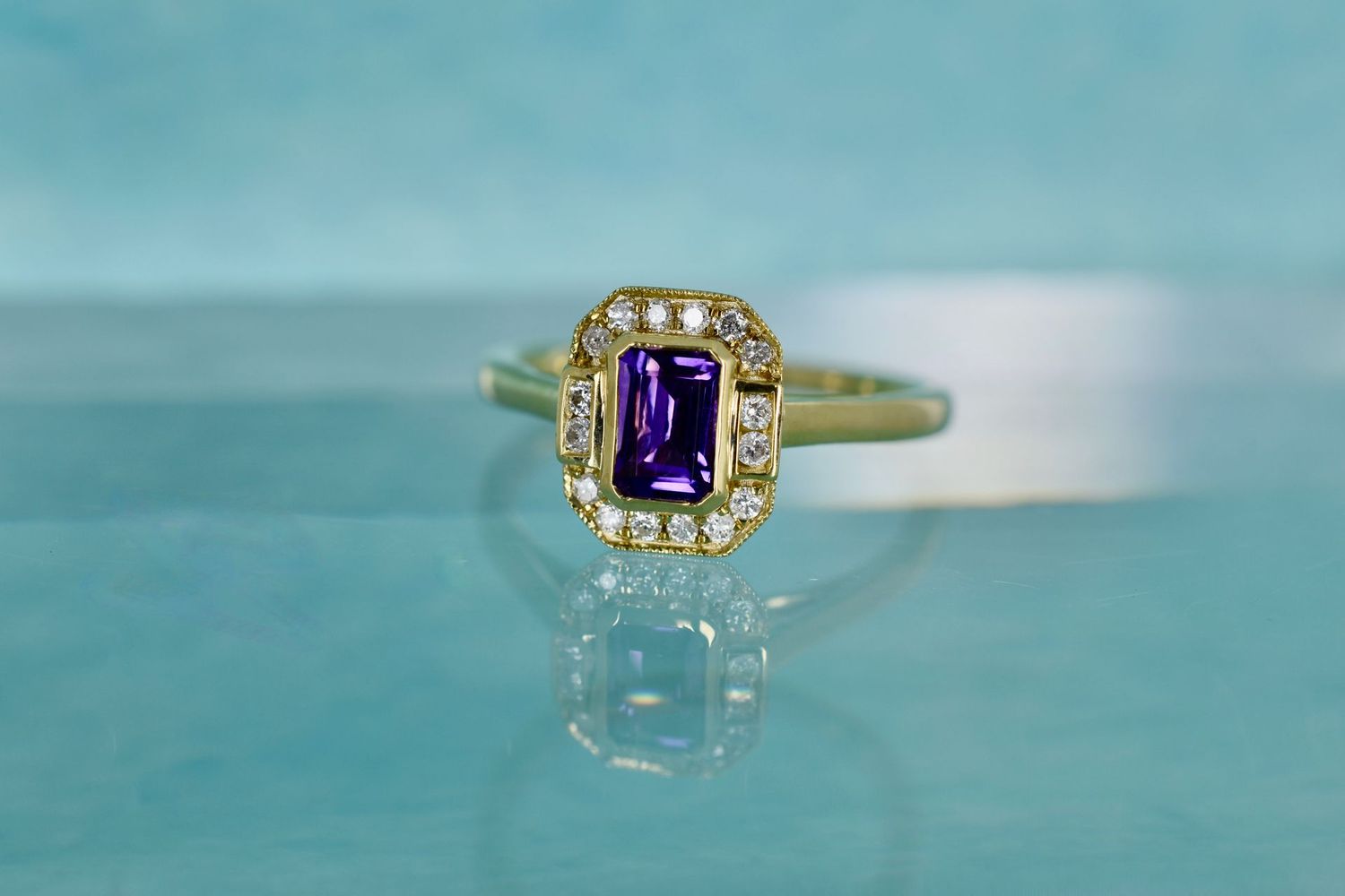 9ct Yellow Gold Amethyst and Diamond Cluster Ring