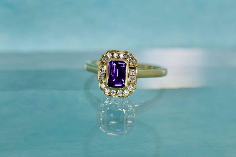 9ct Yellow Gold Amethyst and Diamond Cluster Ring