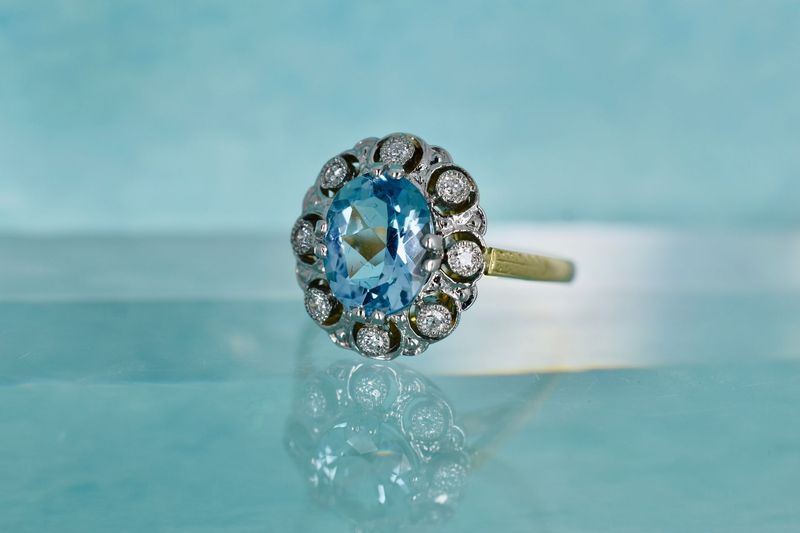 18ct Yellow Gold and Platinum Oval Cut Aquamarine and Diamond Fancy Cluster Ring
