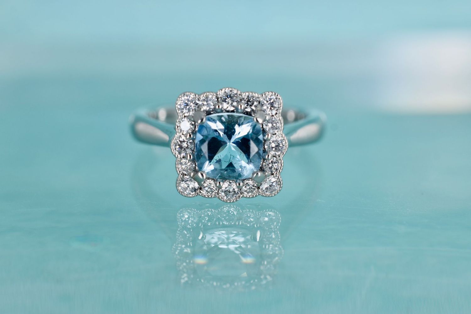 Platinum Aquamarine and Diamond Vintage inspired Halo Ring