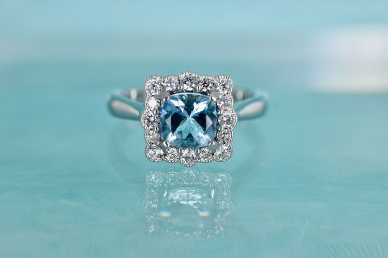 Platinum Aquamarine and Diamond Vintage inspired Halo Ring